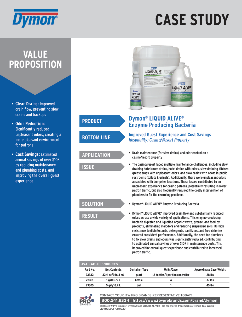 Dymon® LIQUID ALIVE® Enzyme Producing Bacteria - Hospitality Industry